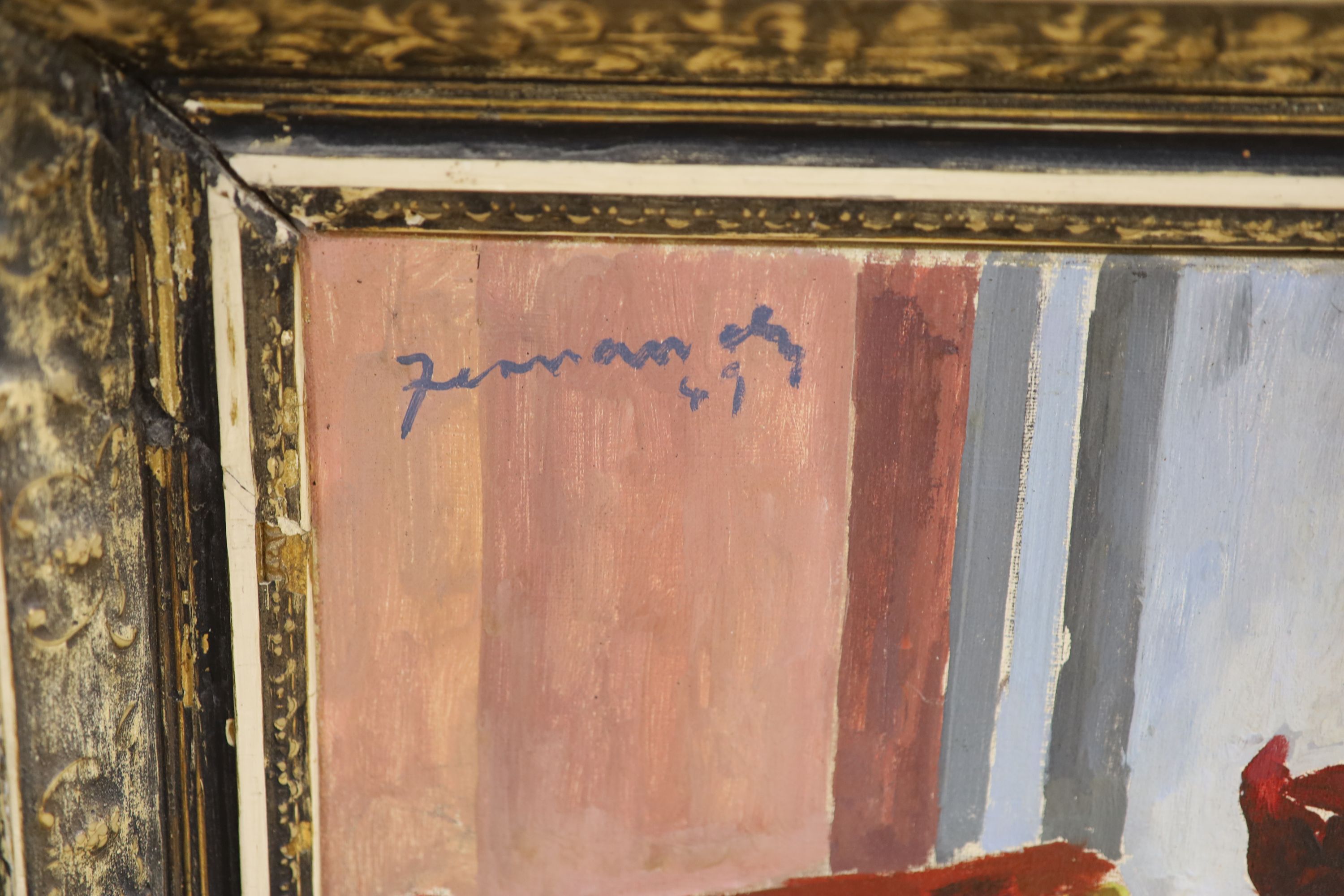 Modern British, oil on canvas, Still life with cyclamen upon an armchair, indistinctly signed and dated '49, 63 x 74cm